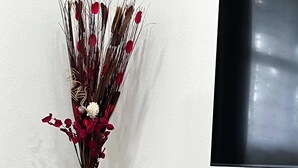 Een kamer met een donker houten tv-meubel en een vaas met gedroogde bloemen.