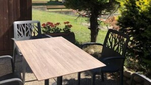Un espace extérieur aménagé avec une table et des chaises, un pot de fleurs et une vue sur une montagne en arrière-plan.