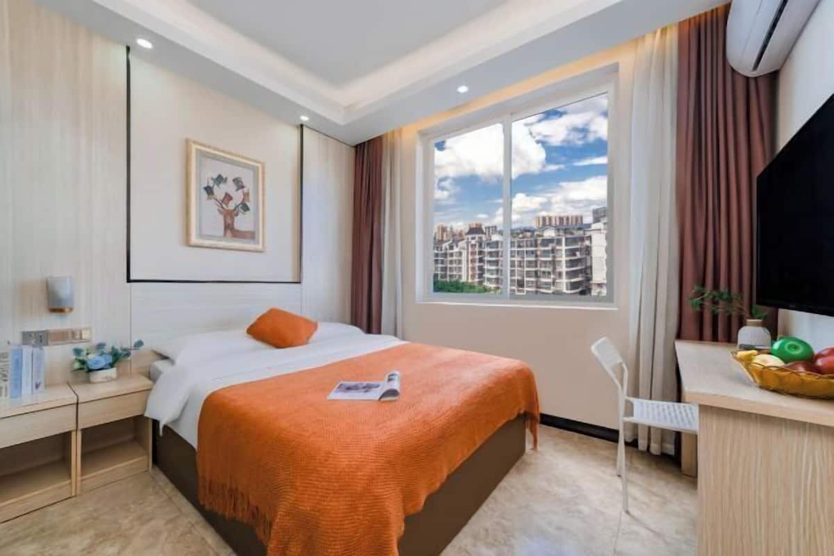 A hotel room with a bed, a desk, a chair, a TV, a window with a city view, and a framed picture on the wall.