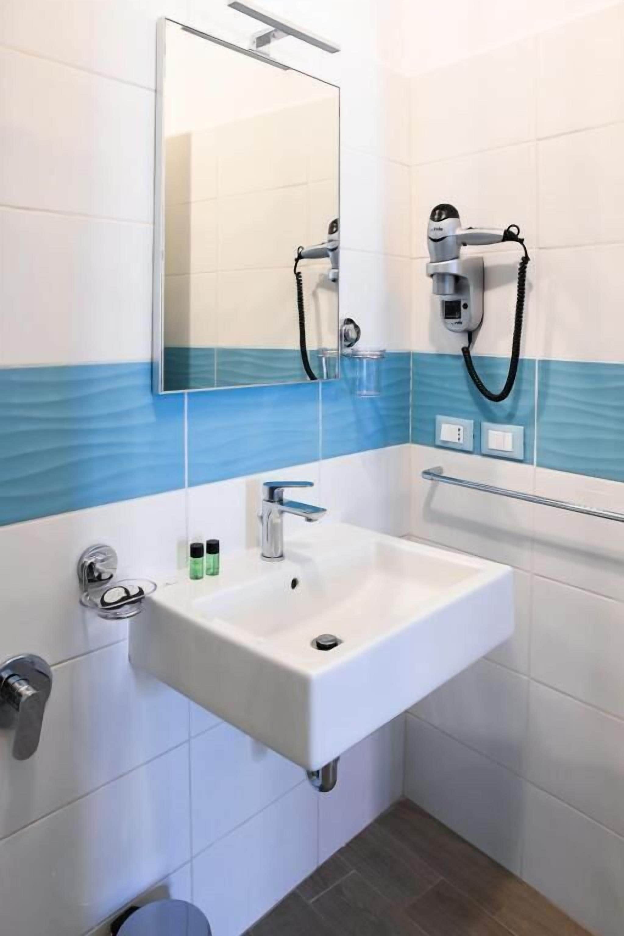 A modern bathroom with a white sink, a handheld showerhead, and a mirror above the sink.
