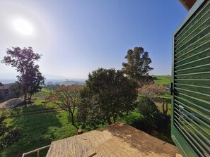 A view from a balcony overlooking a green landscape with trees and a distant mountain range.