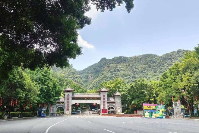 A road leading to a gate with a mountain backdrop.