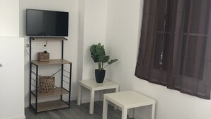A small, modern room with a flat-screen TV mounted on a wall, a small table with a potted plant, a white chair, and a wooden desk. - residence romi entire accommodation 4 people (Tillé)