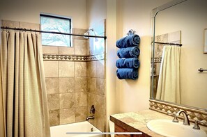 Hair dryer, towels, soap, toilet paper