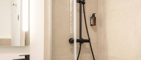 A modern bathroom with a glass shower enclosure, a white sink, and a mirror.