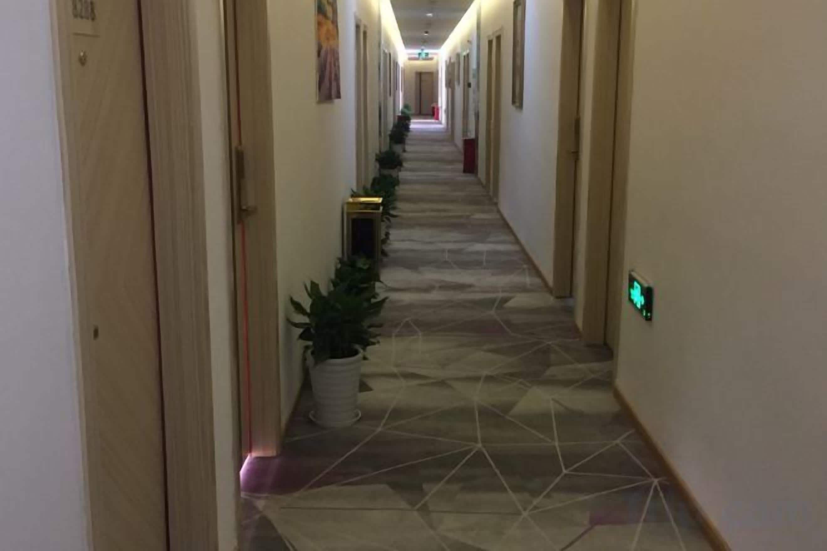 A hallway with a tiled floor, potted plants, and a light switch on the wall.