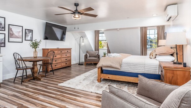 Un dormitorio moderno con piso de madera, una cama, un escritorio, una silla, un televisor y un ventilador de techo.
