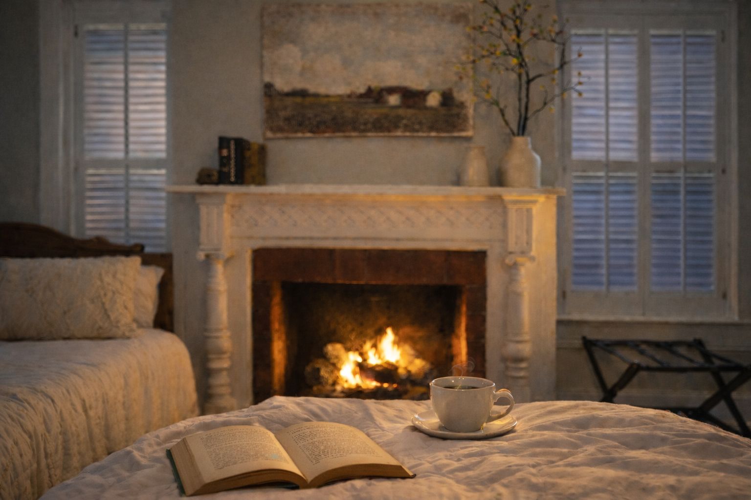 Une chambre confortable avec une cheminée, un lit, un livre ouvert et une tasse de café posée sur une table de chevet.