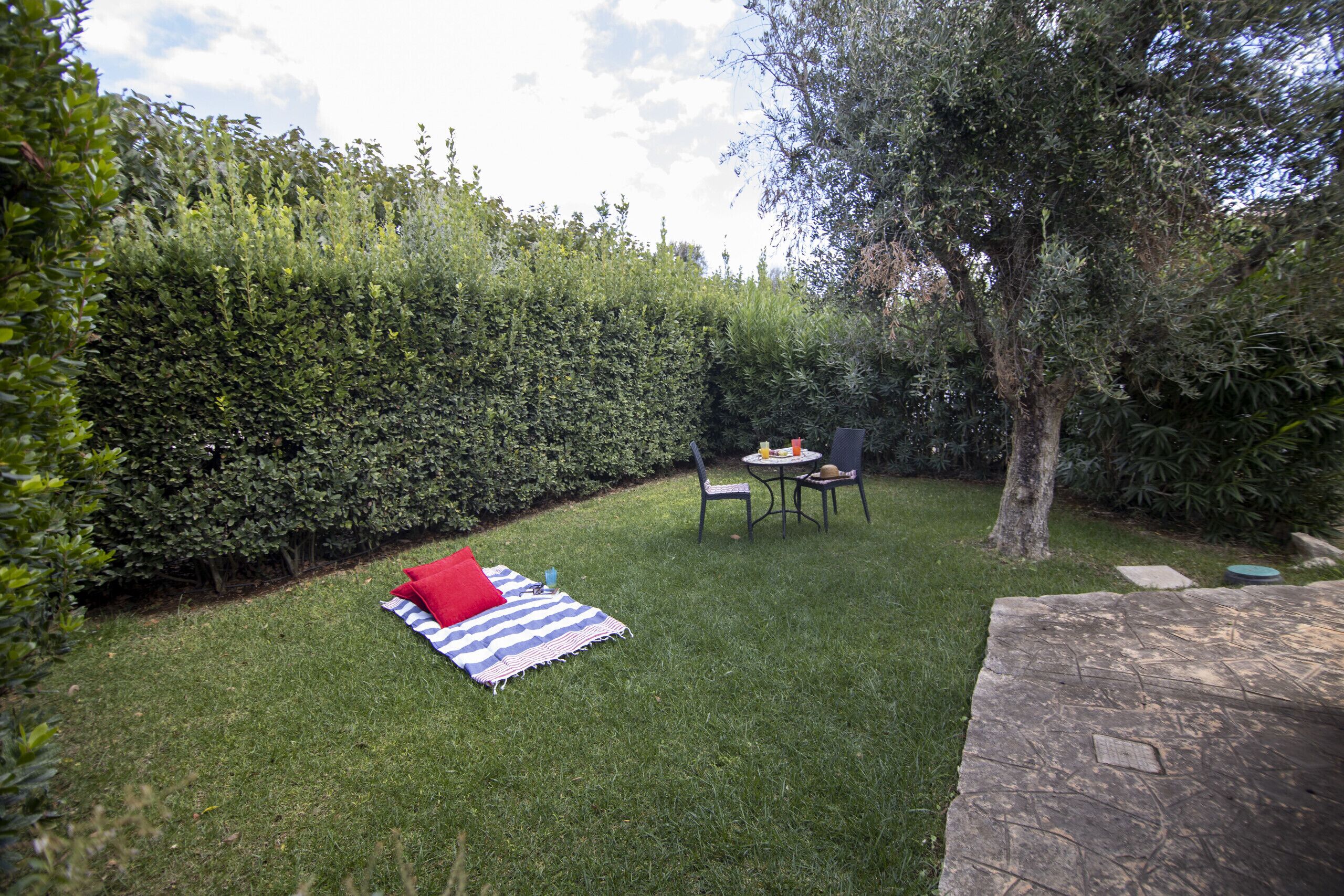 Un giardino sul retro con prato, tavolo da picnic e sedie, una coperta e un siepe.
