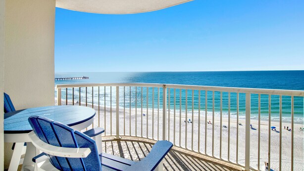 A balcony with a view of the beach and ocean. - EAST CORNER CONDO DIRECT GULF VIEW/2 BEDROOM & 2 BATH/CLOSE 2 PIER (Gulf Shores)