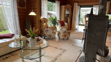 Smart TV, fireplace, DVD player, books