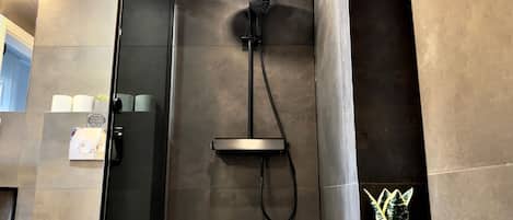 Douche, séchoir à cheveux, serviettes fournies, savon