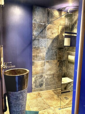 Chuveiro, secador de cabelo, toalhas de banho, sabonete