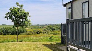 A grassy area with a tree and a building with a balcony.