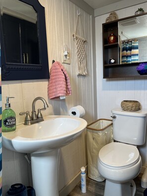 Chuveiro, secador de cabelo, toalhas de banho, sabonete