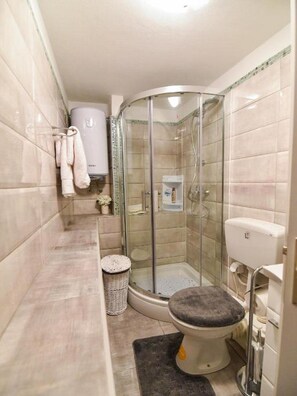 A small bathroom with a glass shower enclosure, a toilet, and a towel rack with towels.