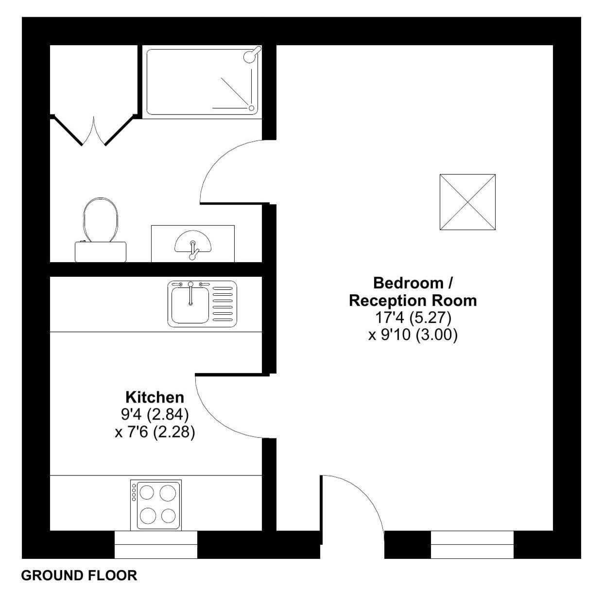 Een plattegrond met een slaapkamer/ontvangstruimte, keuken en badkamer.
