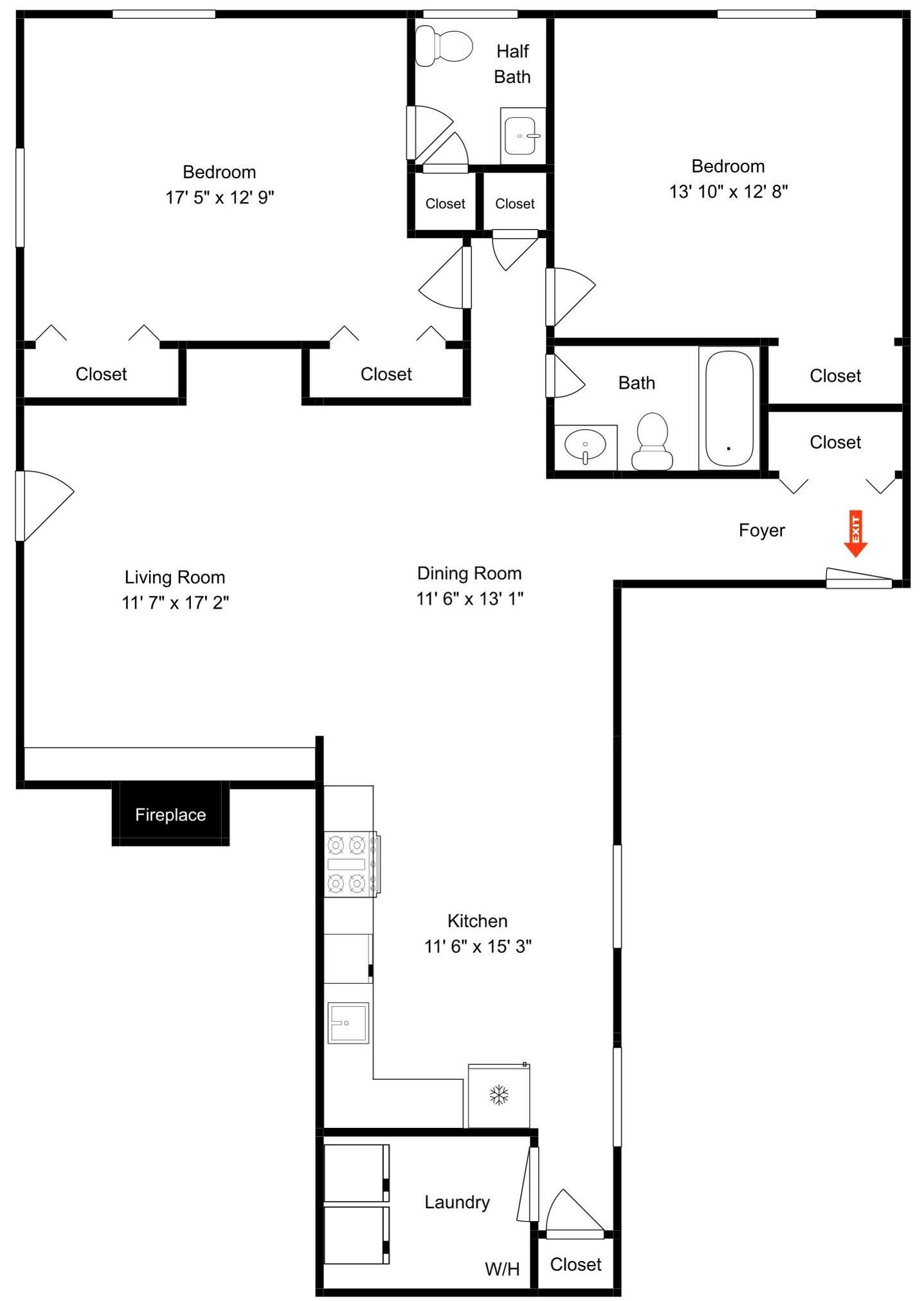 Plano de planta que muestra un dormitorio, sala de estar, comedor, cocina, aseo y área de lavandería.
