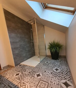 Regadera, secadora de cabello, papel de baño