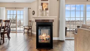 TV connectée, cheminée, lecteur de DVD