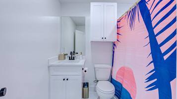 Baignoire, sèche-cheveux, savon, shampoing