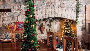 Una pared de piedra rústica, una mesa de comedor de madera y un árbol de Navidad con adornos.
