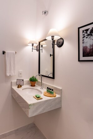 A bathroom with a marble sink, a potted plant, and a framed picture on the wall.