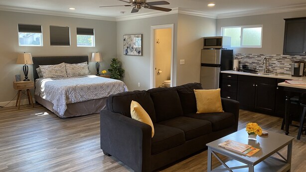 A modern living room with a bed, a sofa, a coffee table, and a kitchen area with a refrigerator and microwave. - High End Guest House by I-5, Bethel, Simpson (Redding)