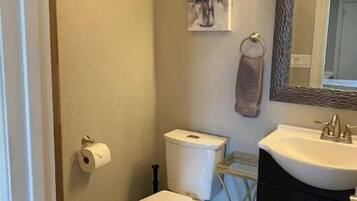 Regadera, secadora de cabello, toallas, jabón