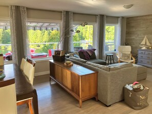 Smart TV, fireplace, table football, books