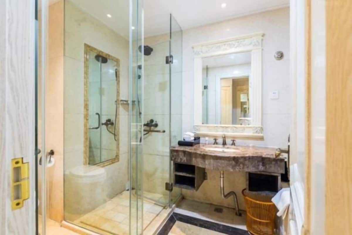 Un baño con ducha de vidrio, lavamanos de mármol y un espejo grande.