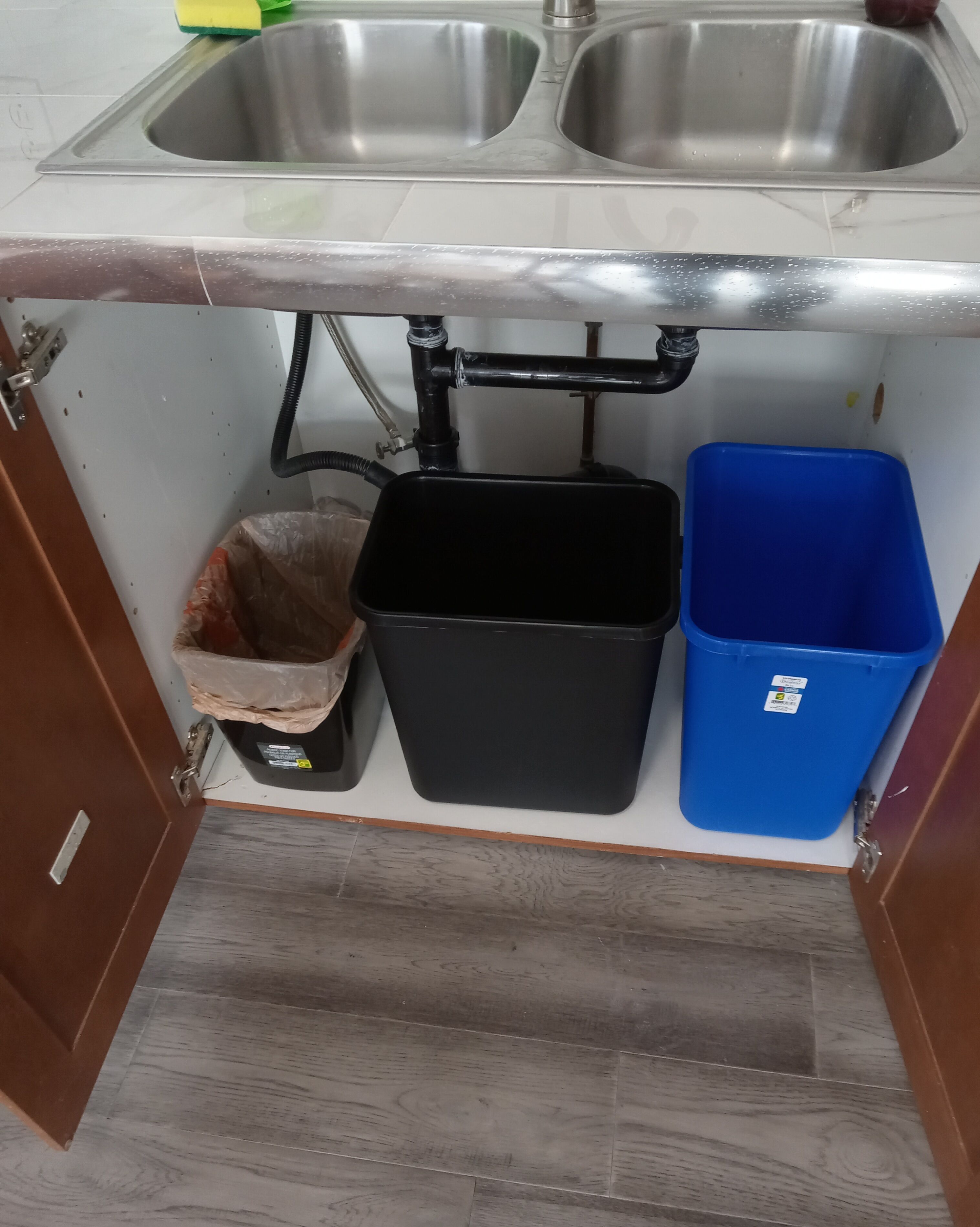 Uma cozinha com duas pias de aço inoxidável, uma lixeira preta e uma lata de reciclagem azul.