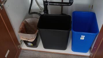 Uma cozinha com duas pias de aço inoxidável, uma lixeira preta e uma lata de reciclagem azul.