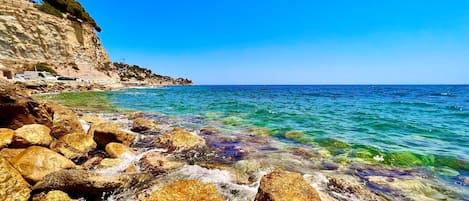 A rocky shoreline with clear blue water and a cliff with vegetation.