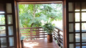 Une terrasse en bois agrémentée d’un pot de fleurs, qui mène à un espace jardin doté d’une rambarde en bois.