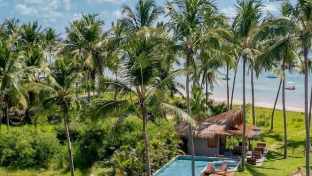 A resort pool area with thatched umbrellas, lounge chairs, and potted plants. - Zai Patacho (Porto de Pedras)