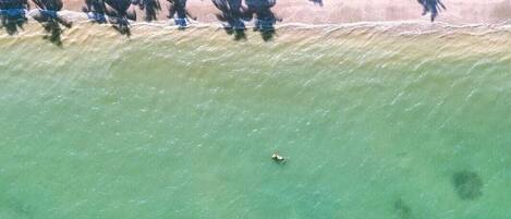 An aerial view of a beach with clear turquoise water, a sandy shore, and dense green foliage.