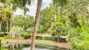 A lush garden with a pond, palm trees, and dense foliage.