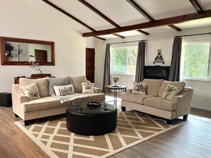 Télévision, cheminée, baby-foot, chaîne hi-fi