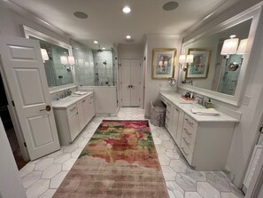 Shower, hair dryer, bidet, towels