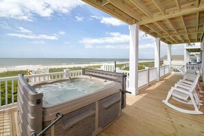 Terrace/patio - Hobbs Realty - Glad you're "Knot At Work" in this oceanfront home with a heatable pool and elevator (Holden Beach)