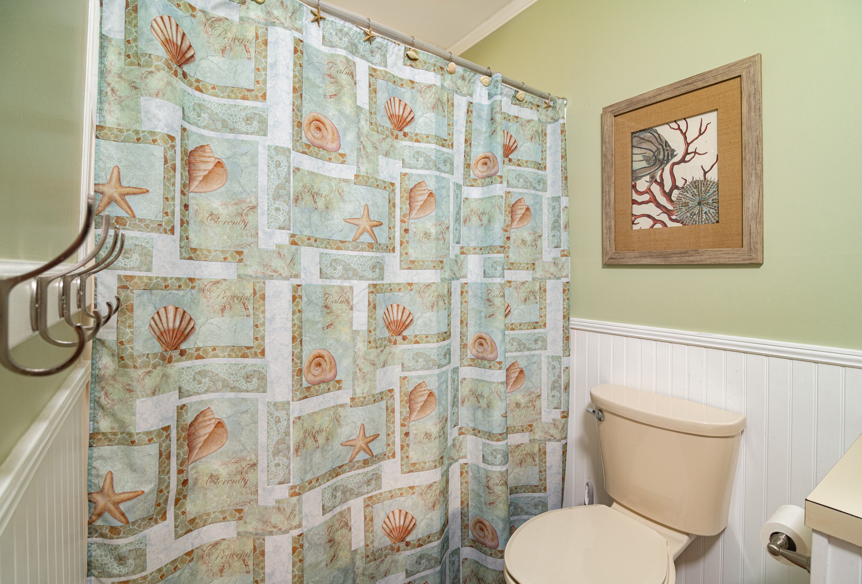 A bathroom with a shower curtain featuring a nautical theme, a toilet, and a framed artwork on the wall.