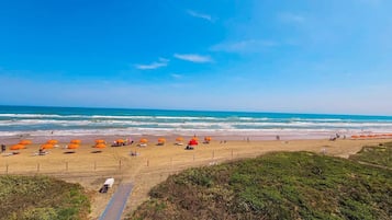 On the beach, sun loungers