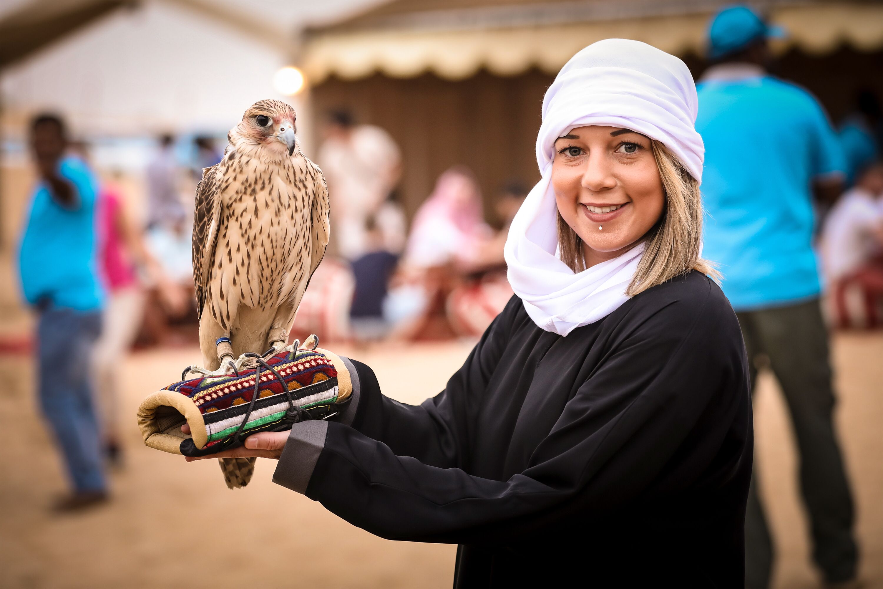 Eine Person hält einen Greifvogel mit einem farbenfrohen Geschirr.
