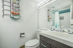 Hair dryer, towels, soap, shampoo