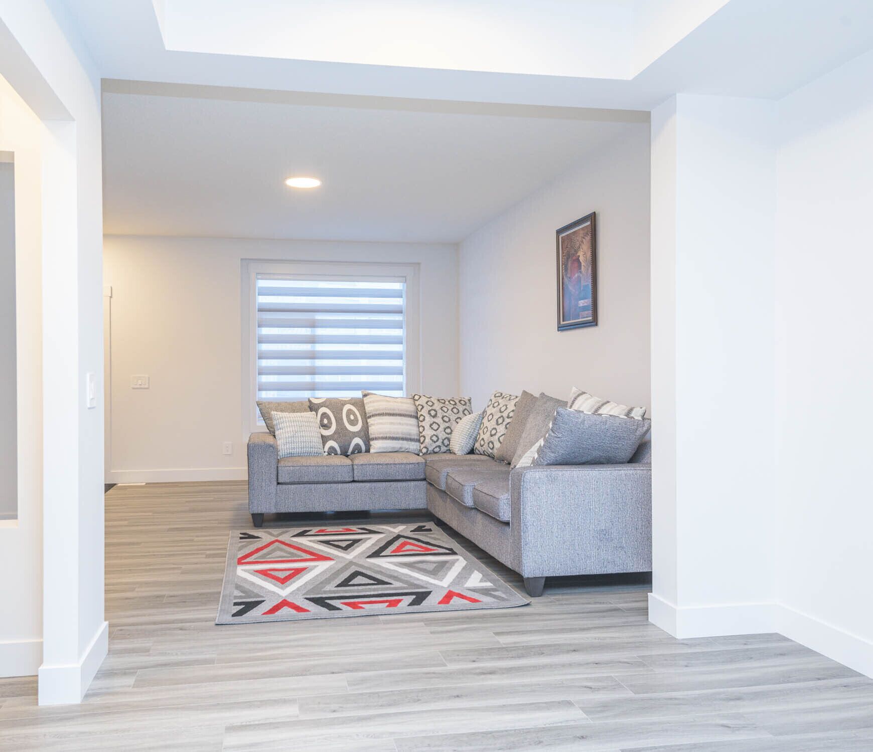A living room with a grey sofa, patterned cushions, a geometric rug, and a window with blinds.