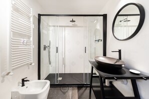 Shower, hair dryer, bidet, towels