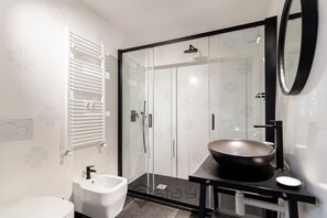 Shower, hair dryer, bidet, towels