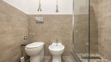 Shower, hair dryer, bidet, towels