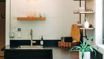 A modern kitchen with a black countertop, a stainless steel sink, a hanging light fixture, and a potted plant.